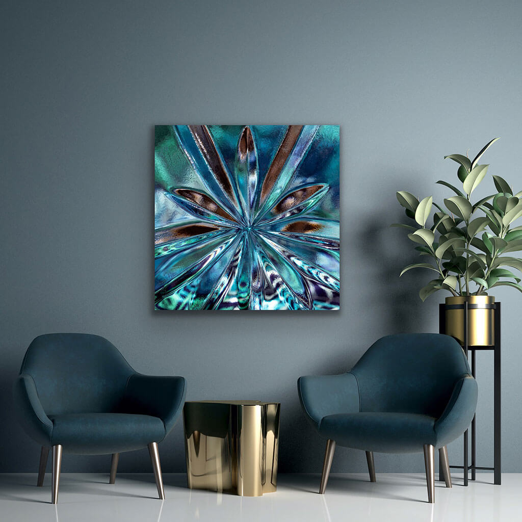 'Aquatic Bloom' - Impression of artwork in an interior setting. Available printed on archival paper (unframed) & ready to hang metal.