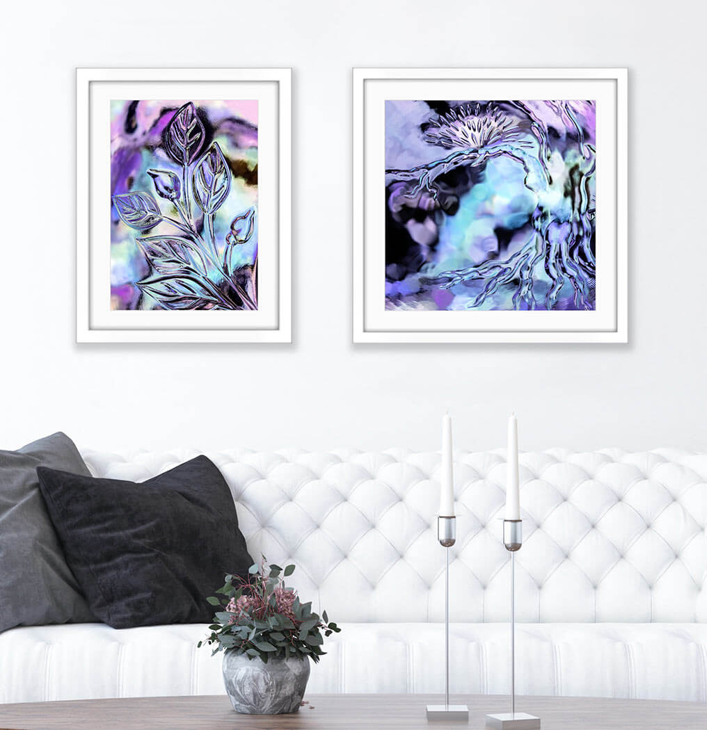 ‘Cosmic Vitality & Iridescent Source’ - Impression of artworks in an interior setting. Available printed on archival paper (unframed) & ready to hang metal.