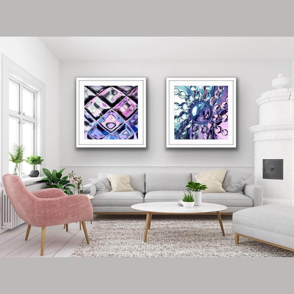 ‘Crowned Jewels’ & 'Lunar Carousel' - Impression of artwork in an interior setting. Available printed on archival paper (unframed) & ready to hang metal.
