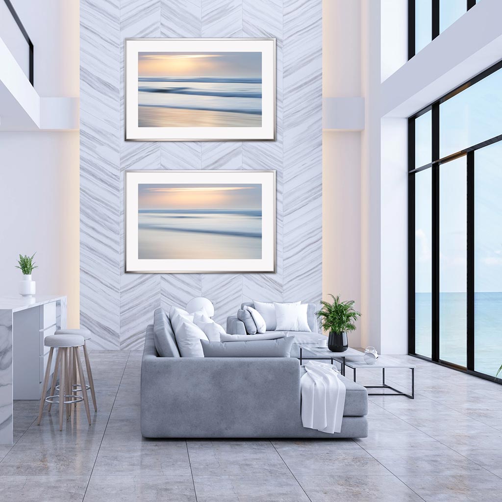 'Suspended' & ‘Iridescent Rising II’ - Impression of artworks in an interior setting. Available printed on archival paper (unframed).