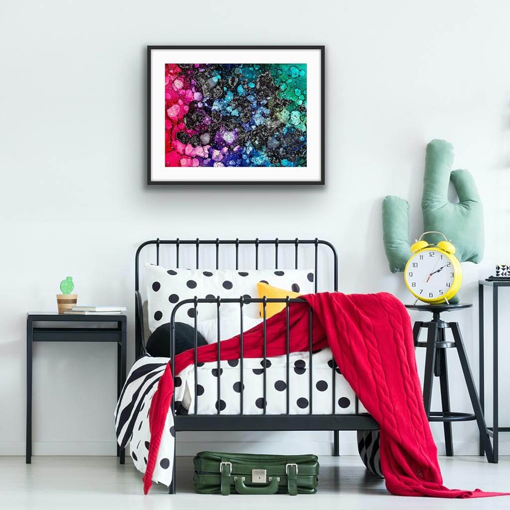 ‘Technicoloured Milky Way’ - Impression of artwork in an interior setting. Available printed on archival paper (unframed) & ready to hang metal.
