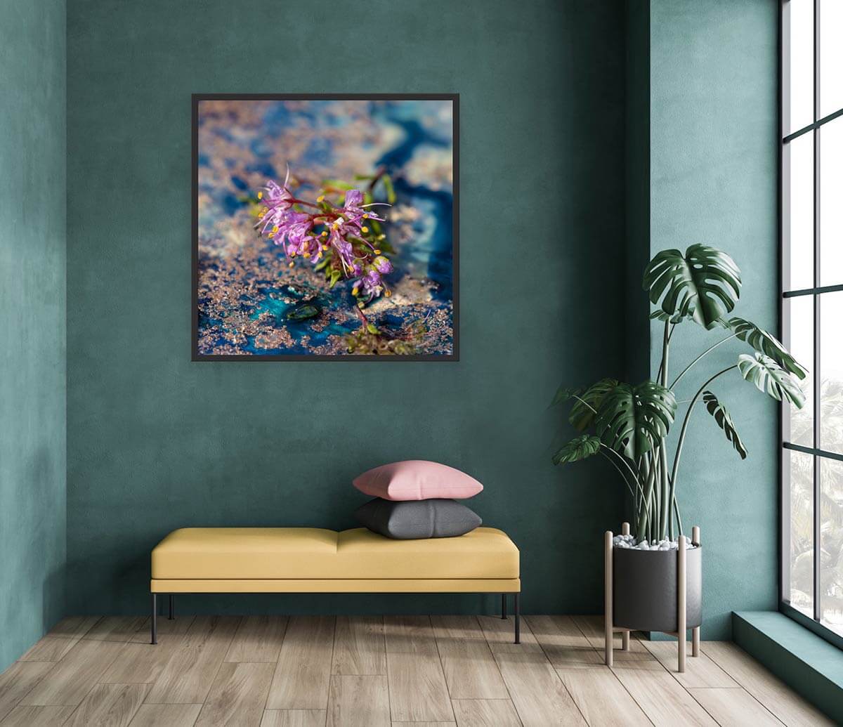 'Cosmic Flora' - Impression of artwork in an interior setting. Available printed on archival paper (unframed).