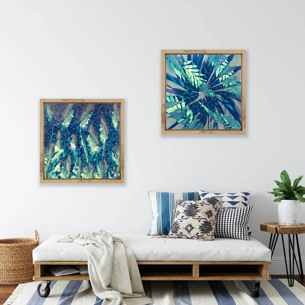 'She Dreams in Flowers' & 'Tropical Supernova'- Impression of artwork in an interior setting. Available printed on archival paper (unframed).