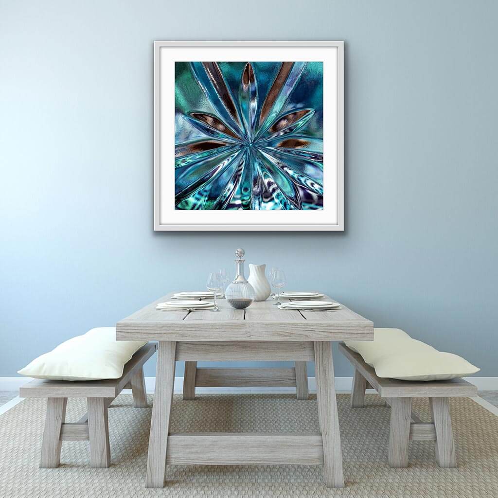 'Aquatic Bloom'  - Impression of artwork in an interior setting. Available printed on archival paper (unframed) & ready to hang metal.