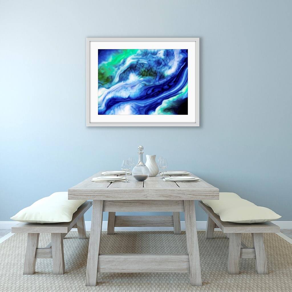 'Aquatic Milk' - Impression of artwork in an interior setting. Available printed on archival paper (unframed) & ready to hang metal.