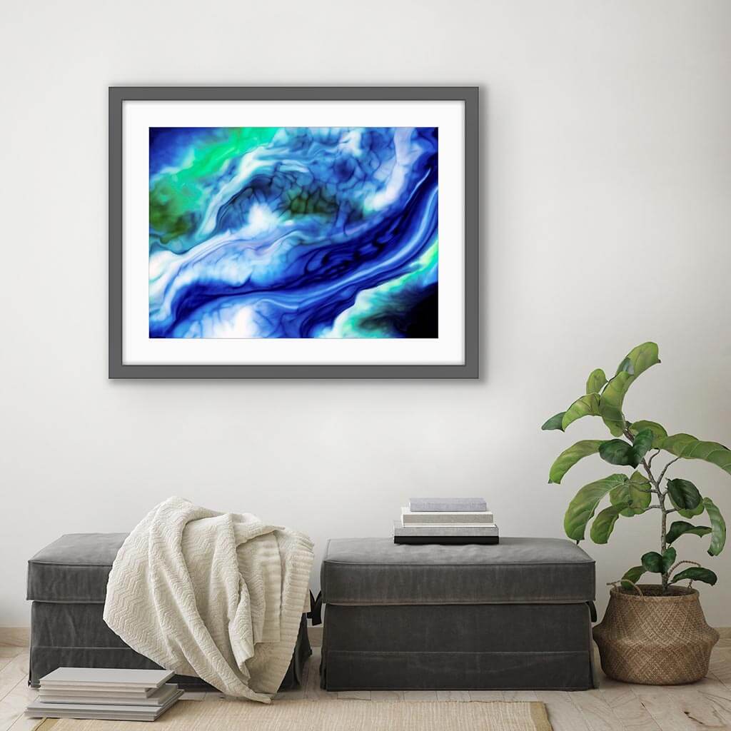 'Aquatic Milk' - Impression of artwork in an interior setting. Available printed on archival paper (unframed) & ready to hang metal.