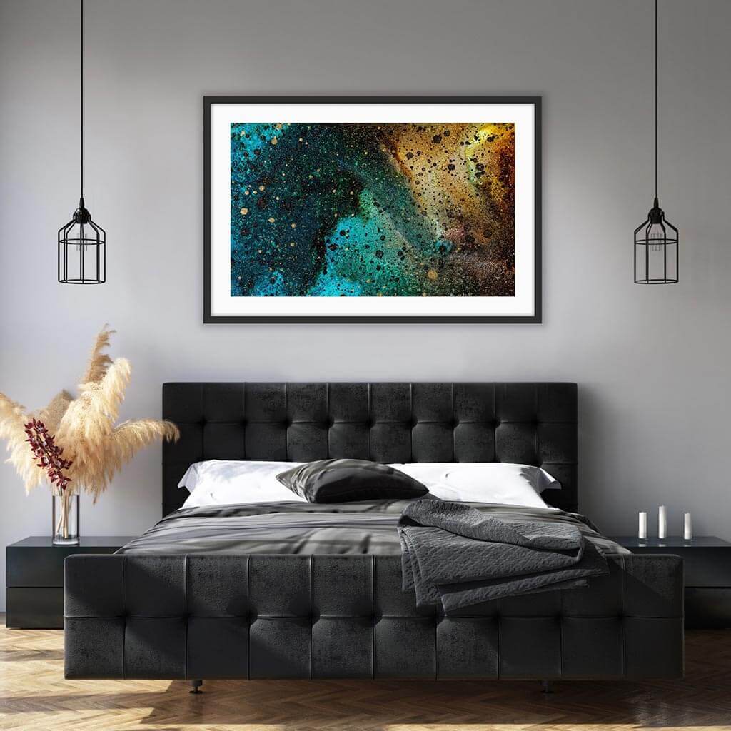 ‘Cosmic Caramel’ - Impression of artwork in an interior setting. Available printed on archival paper (unframed) & ready to hang metal.