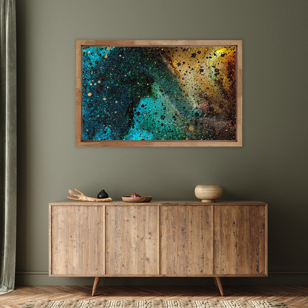 ‘Cosmic Caramel’ - Impression of artwork in an interior setting. Available printed on archival paper (unframed) & ready to hang metal.