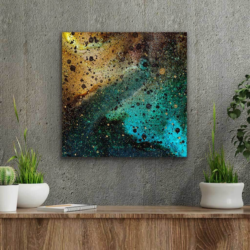 ‘Cosmic Caramel’ - Impression of artwork in an interior setting. Available printed on archival paper (unframed) & ready to hang metal.