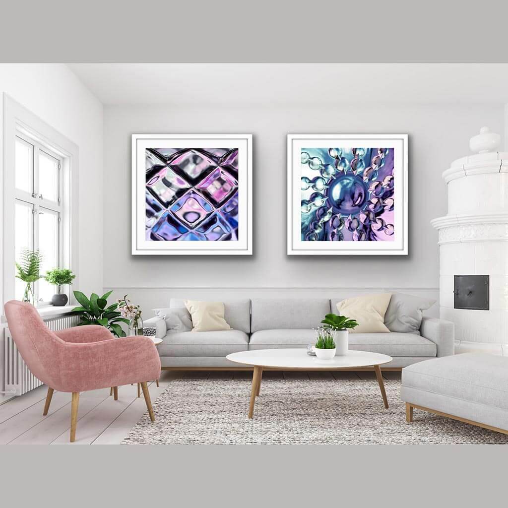 'Crowned Jewels' & ‘Lunar Carousel’ - Impression of artworks in an interior setting. Available printed on archival paper (unframed) & ready to hang metal.