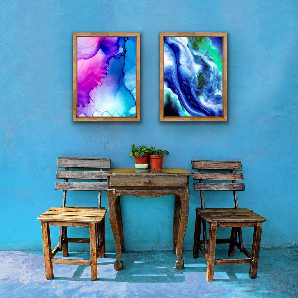 'Enter The Liquid Land' & 'Aquatic Milk' - Impression of artwork in an interior setting. Available printed on archival paper (unframed) & ready to hang metal.