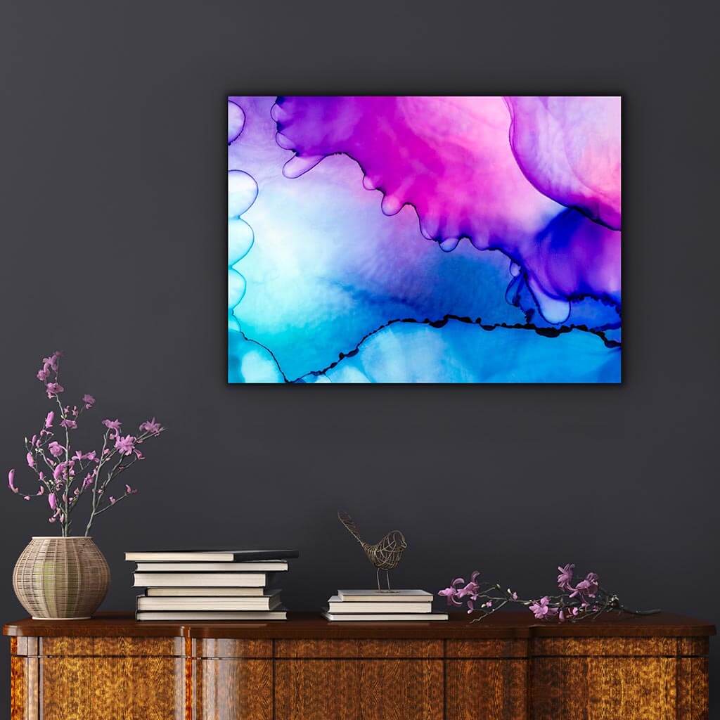 ‘Enter The Liquid Land’ - Impression of artwork in an interior setting. Available printed on archival paper (unframed) & ready to hang metal.