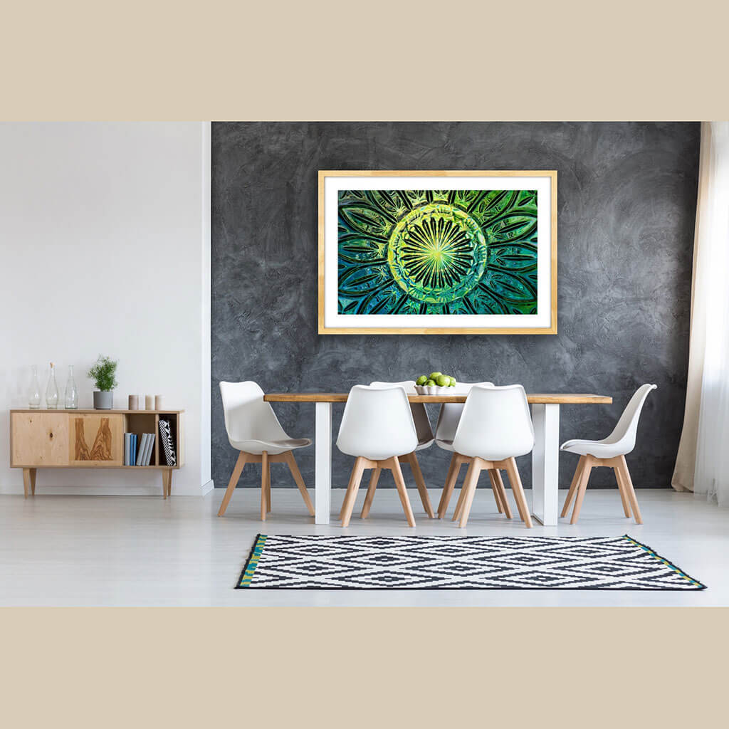 ‘Geometric’ - Impression of artwork in an interior setting. Available printed on archival paper (unframed) & ready to hang metal.