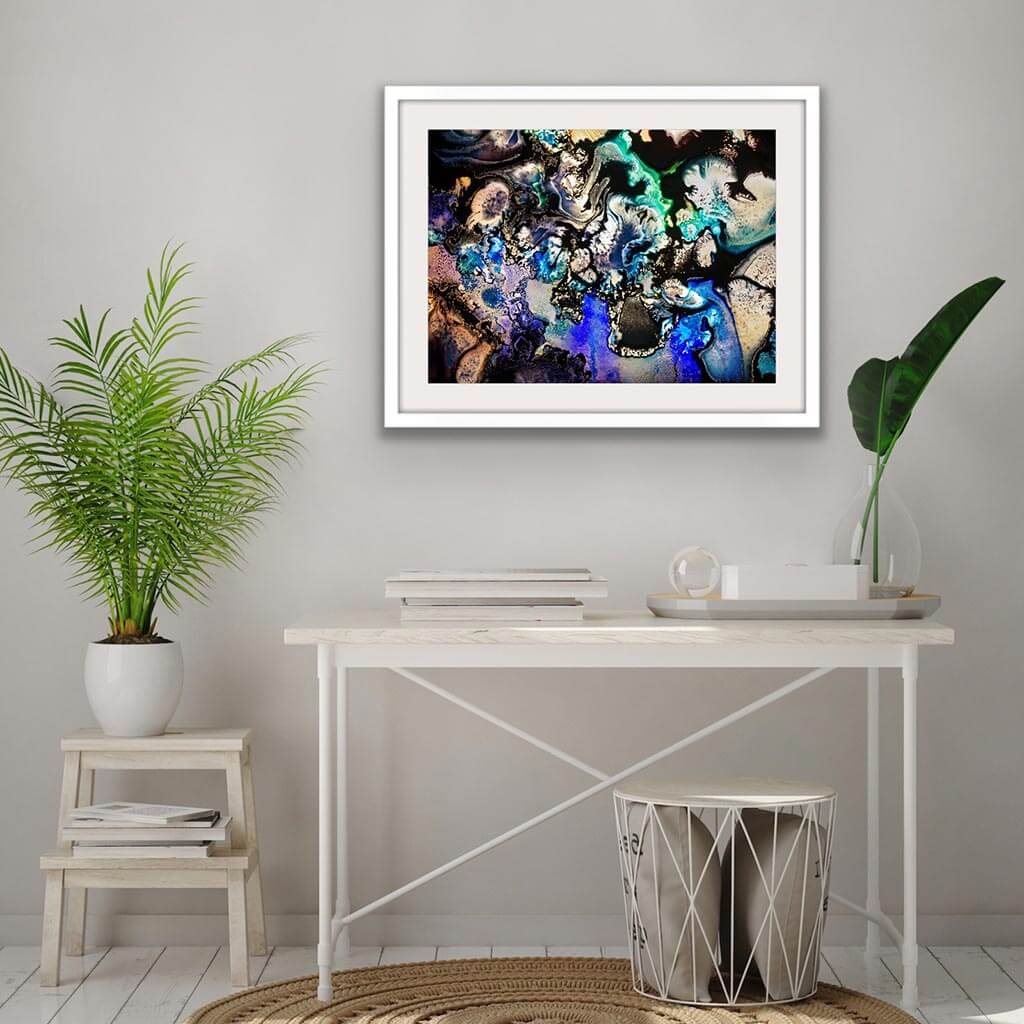 ‘Intergalactic Ebb & Flow’ - Impression of artwork in an interior setting. Available printed on archival paper (unframed) & ready to hang metal.