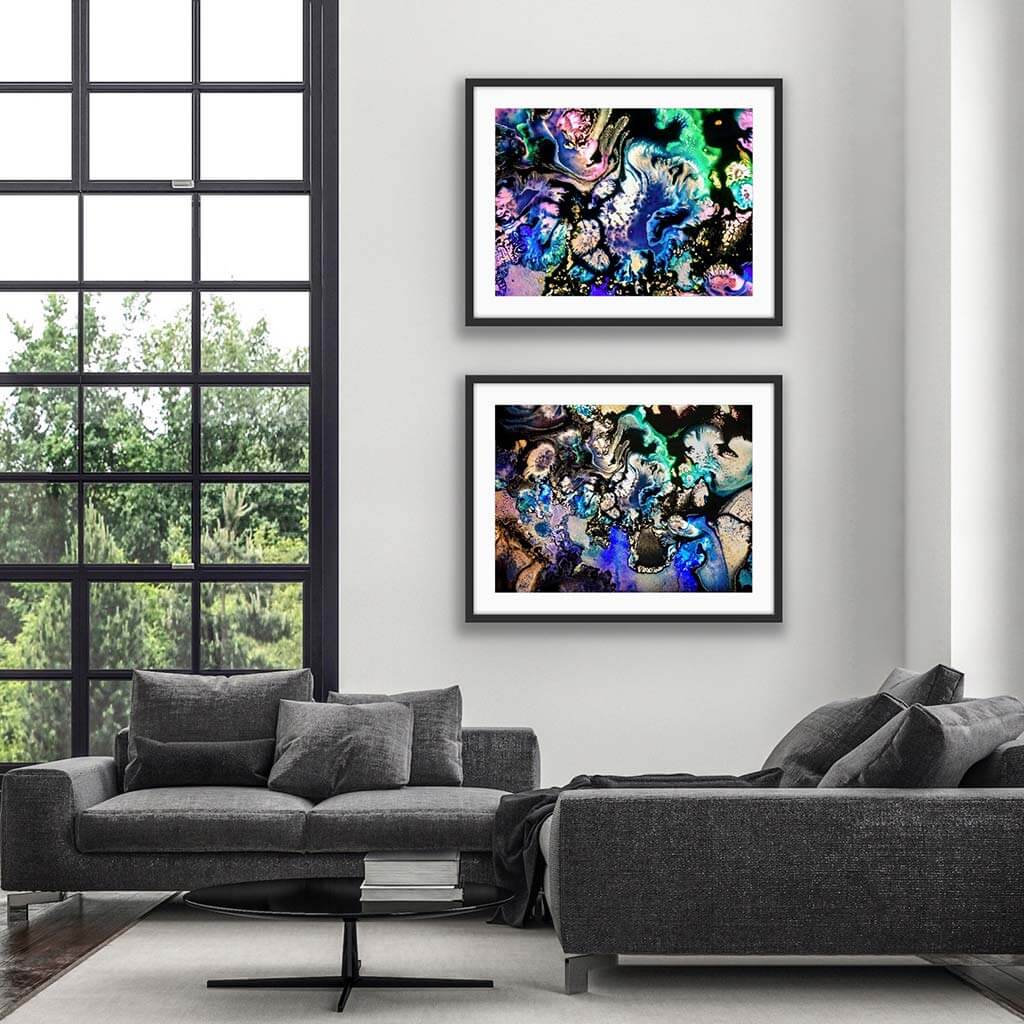 ‘Intergalactic Ebb & Flow’ & ‘Intergalactic Ebb & Flow - Up Close II’- Impression of artwork in an interior setting. Available printed on archival paper (unframed) & ready to hang metal.