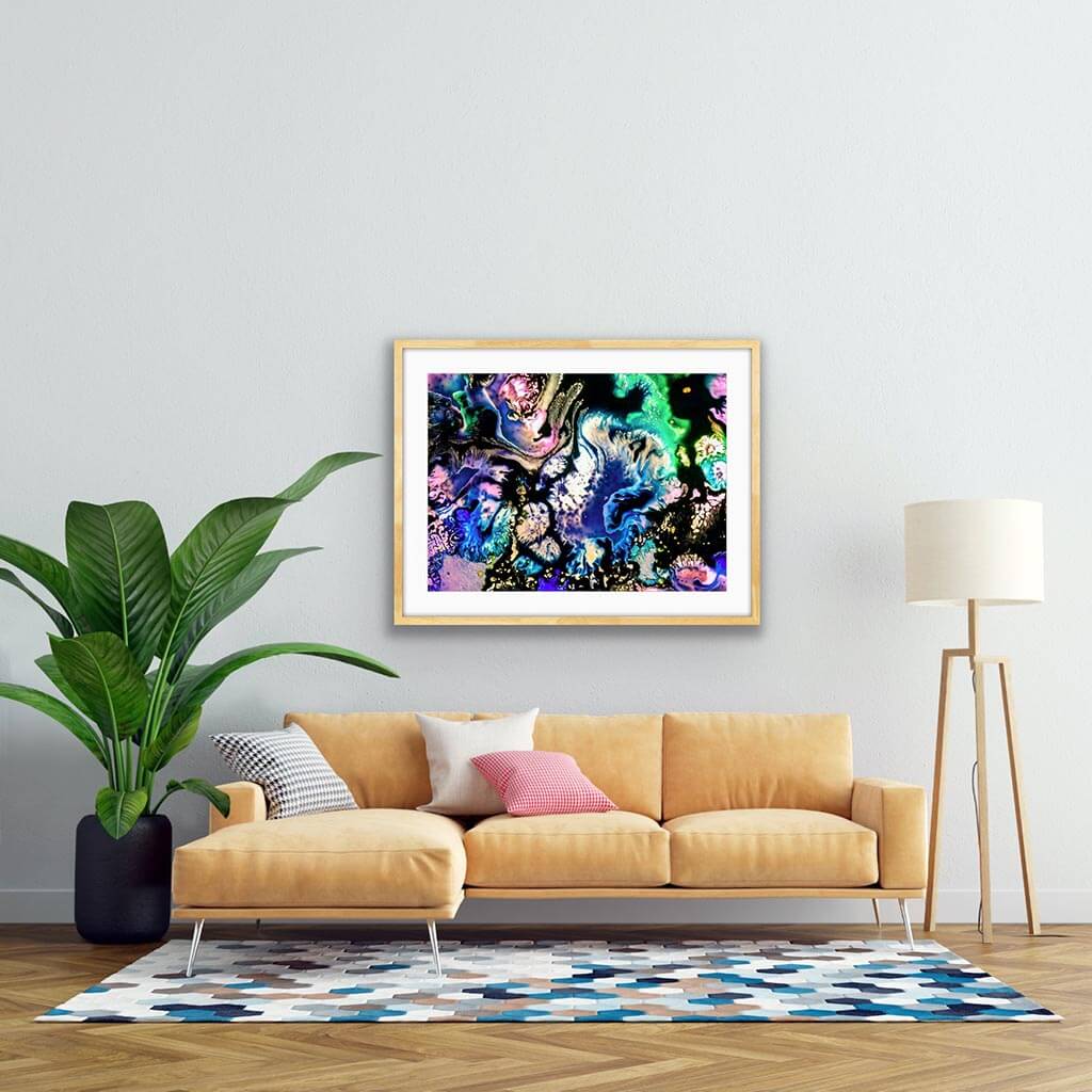 ‘Intergalactic Ebb & Flow (Up Close III)’ - Impression of artwork in an interior setting. Available printed on archival paper (unframed) & ready to hang metal.