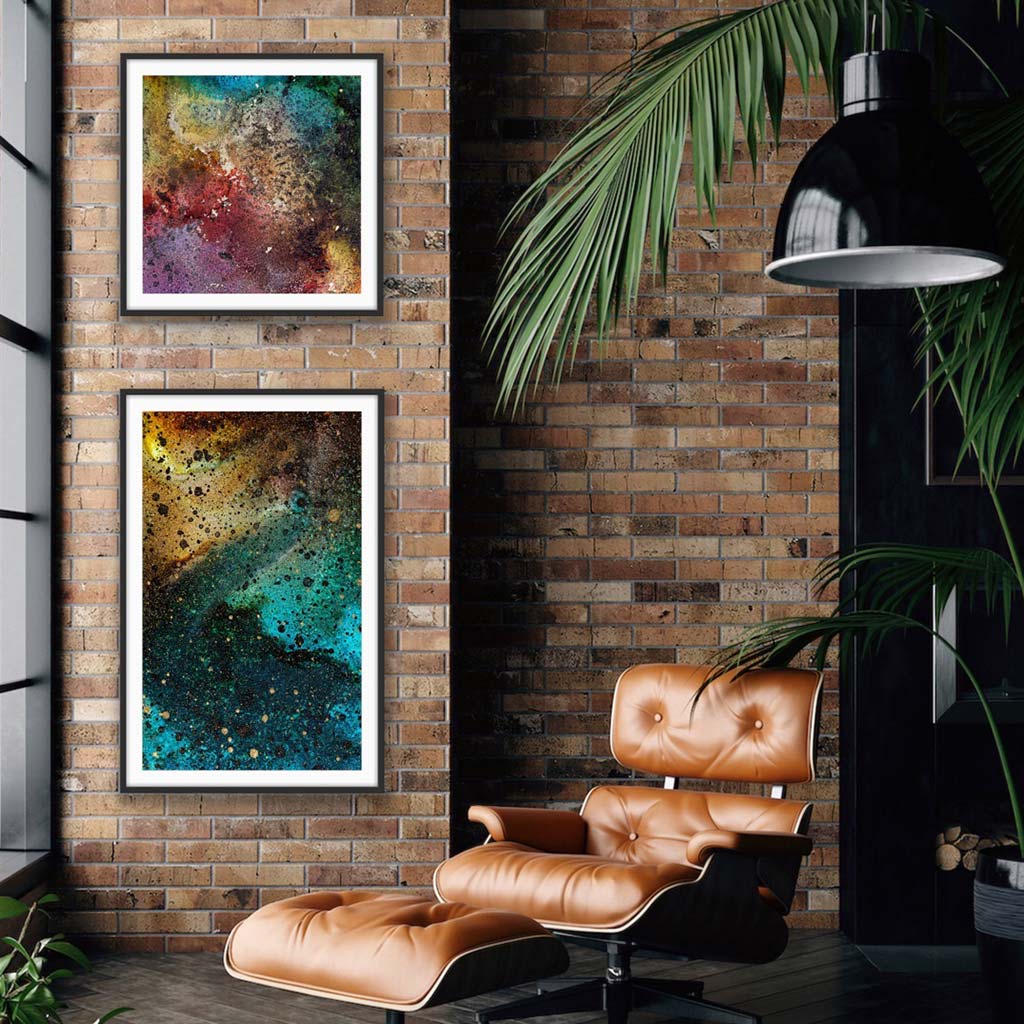 'Into The Colour Lands I' & ‘Cosmic Caramel’ - Impression of artworks in an interior setting. Available printed on archival paper (unframed) & ready to hang metal.