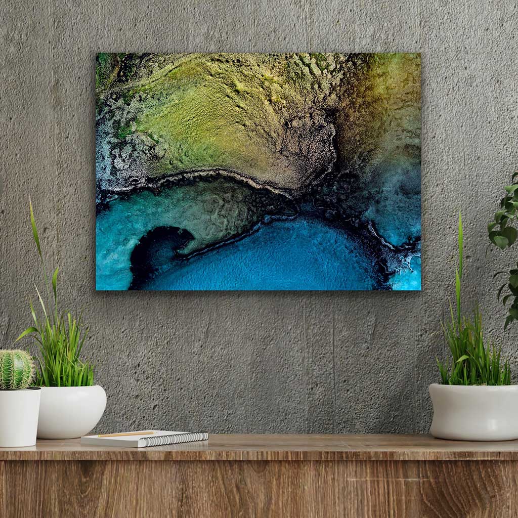 ‘Land Meets Water’ - Impression of artwork in an interior setting. Available printed on archival paper (unframed) & ready to hang metal.