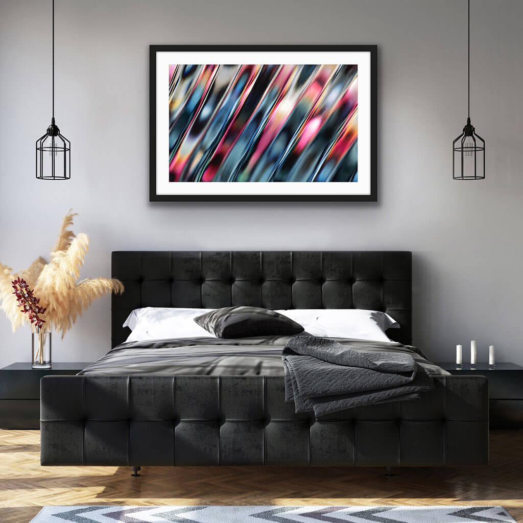 ‘Neon Rain’ - Impression of artwork in an interior setting. Available printed on archival paper (unframed) & ready to hang metal.