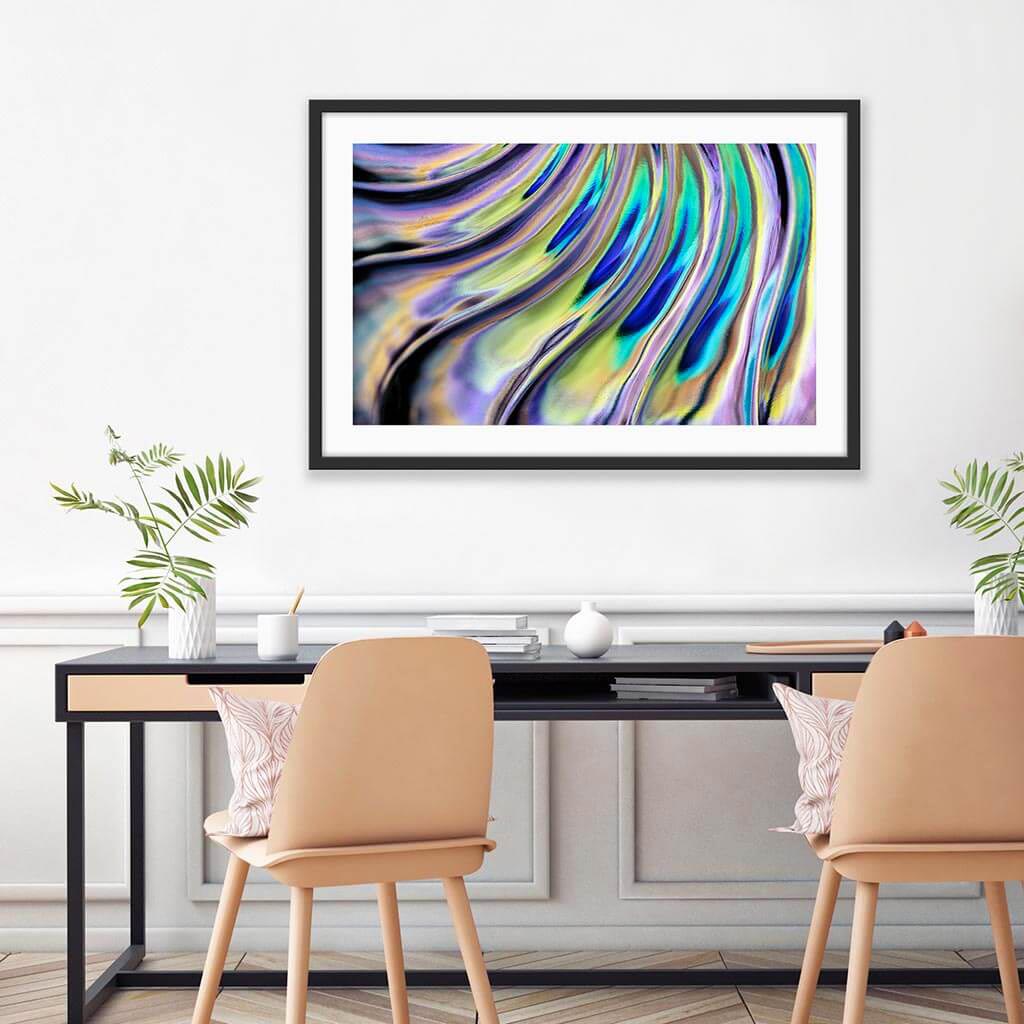 ‘Peacock Flow’ - Impression of artwork in an interior setting. Available printed on archival paper (unframed) & ready to hang metal.