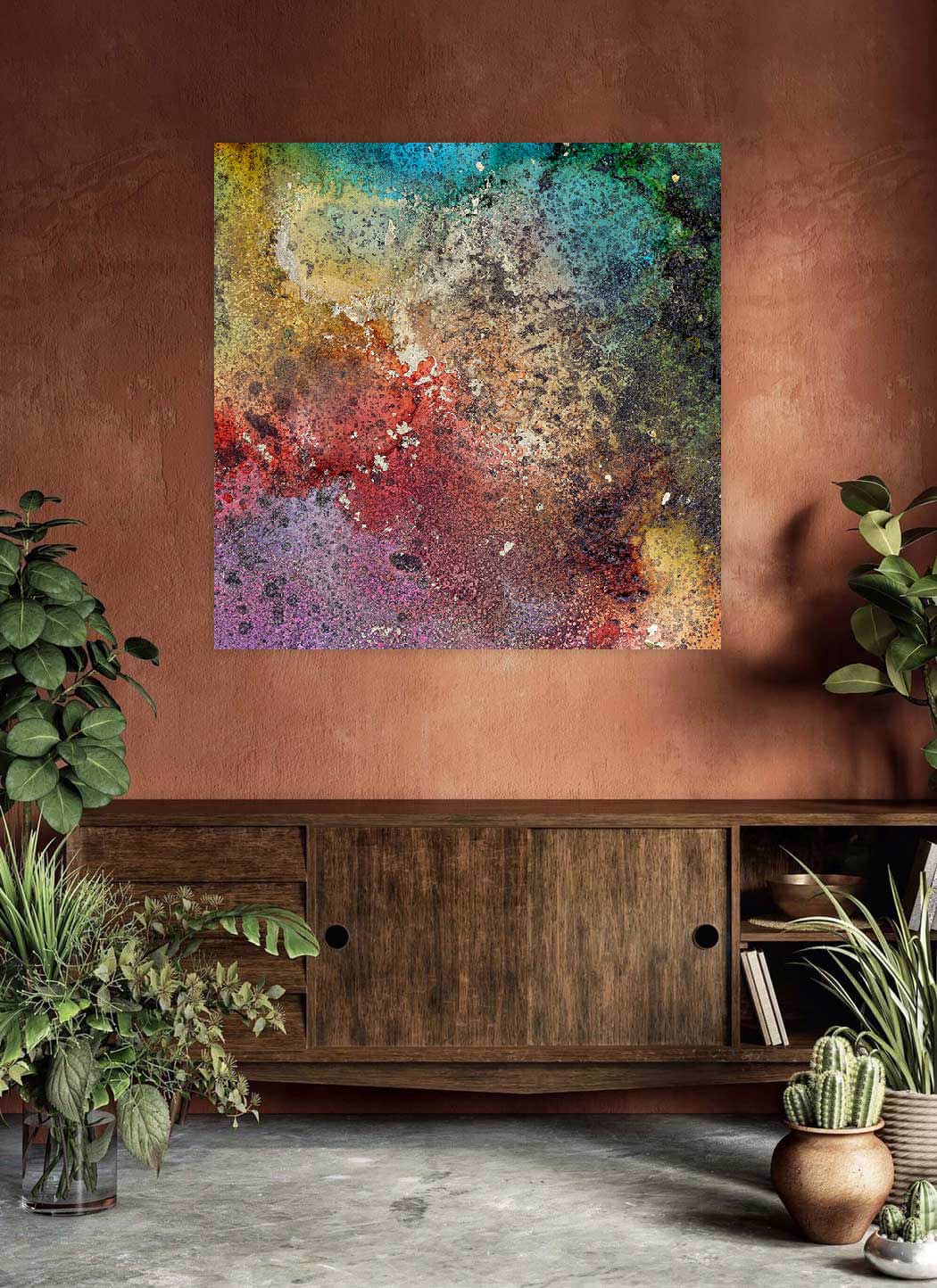 ‘Into The Colour Lands I’ - Impression of artwork in an interior setting. Available printed on archival paper (unframed) & ready to hang metal.