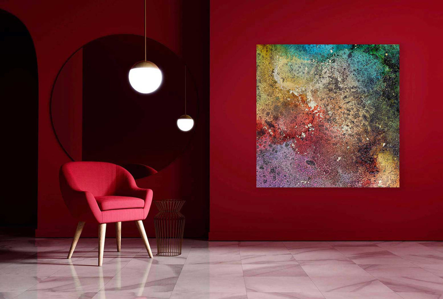 ‘Into The Colour Lands I’ - Impression of artwork in an interior setting. Available printed on archival paper (unframed) & ready to hang metal.